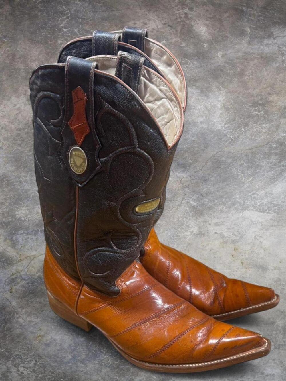 Vintage White Diamonds Cognac Brown Eel Skin Leather Cowboy Boots Pointed Toe